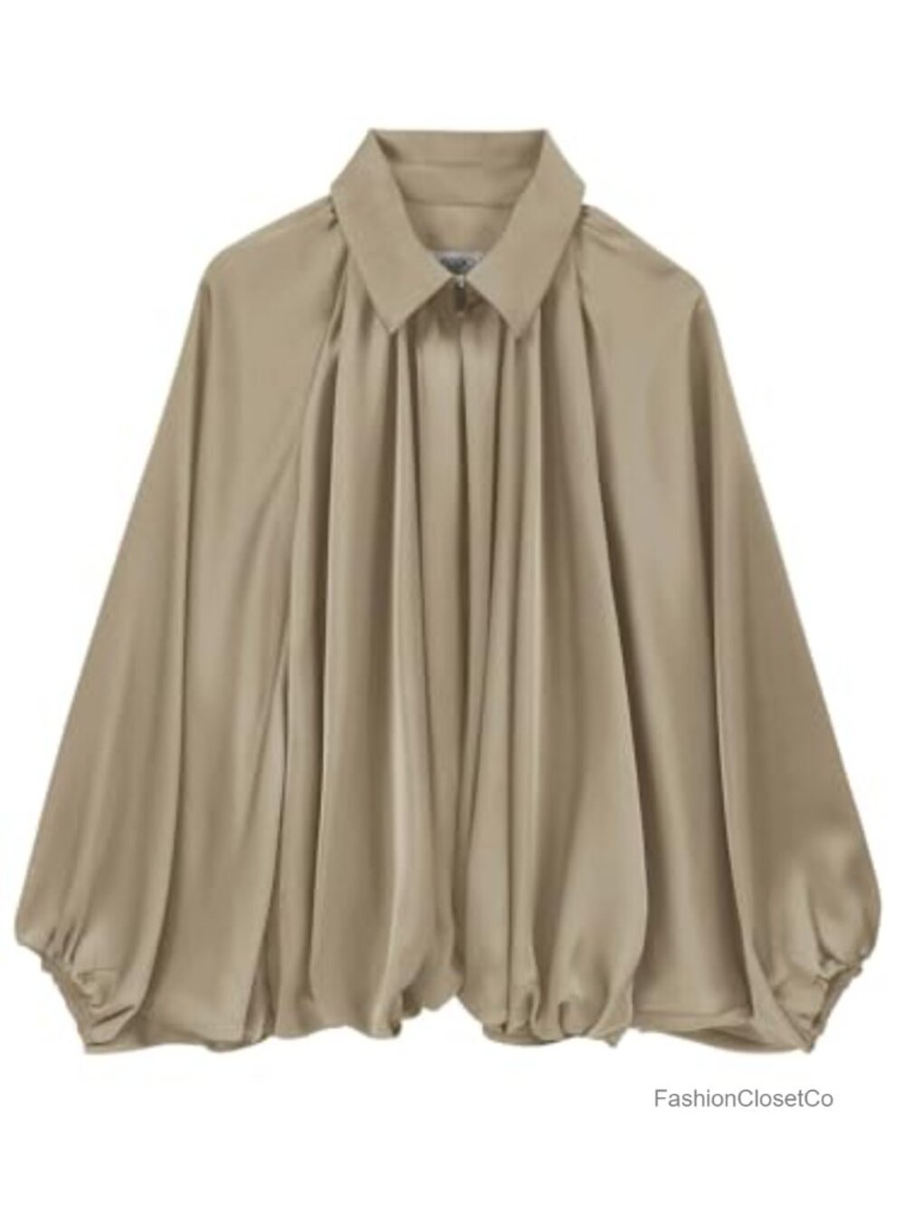 Satin Puffed Bomber Jacket Oversized Batwing Sleeve Pleated Zip